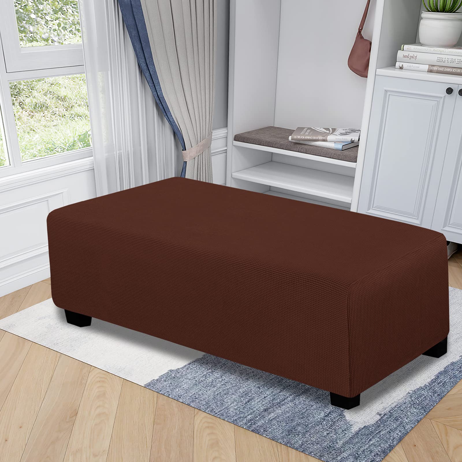 Easy-Going Stretch Ottoman Cover Folding Storage Stool Furniture Protector Soft Rectangle Slipcover With Elastic Bottom (Ottoman Xx-Large, Coffee)