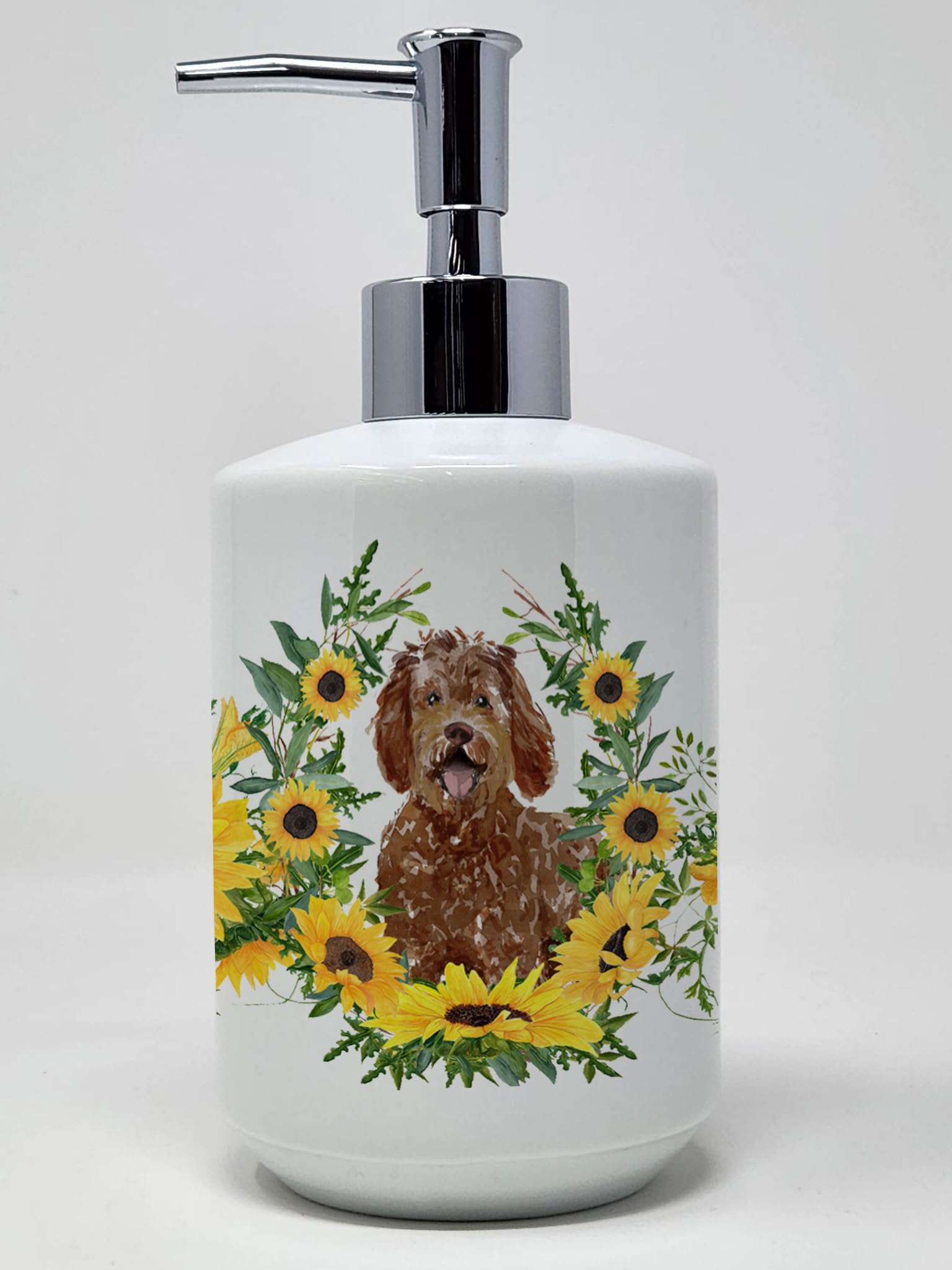 Caroline's Treasures CK2973SOAP Japanese Spitz in Sunflowers Ceramic Soap Dispenser Hand Soap Dispenser Pump Bottles for Bathroo