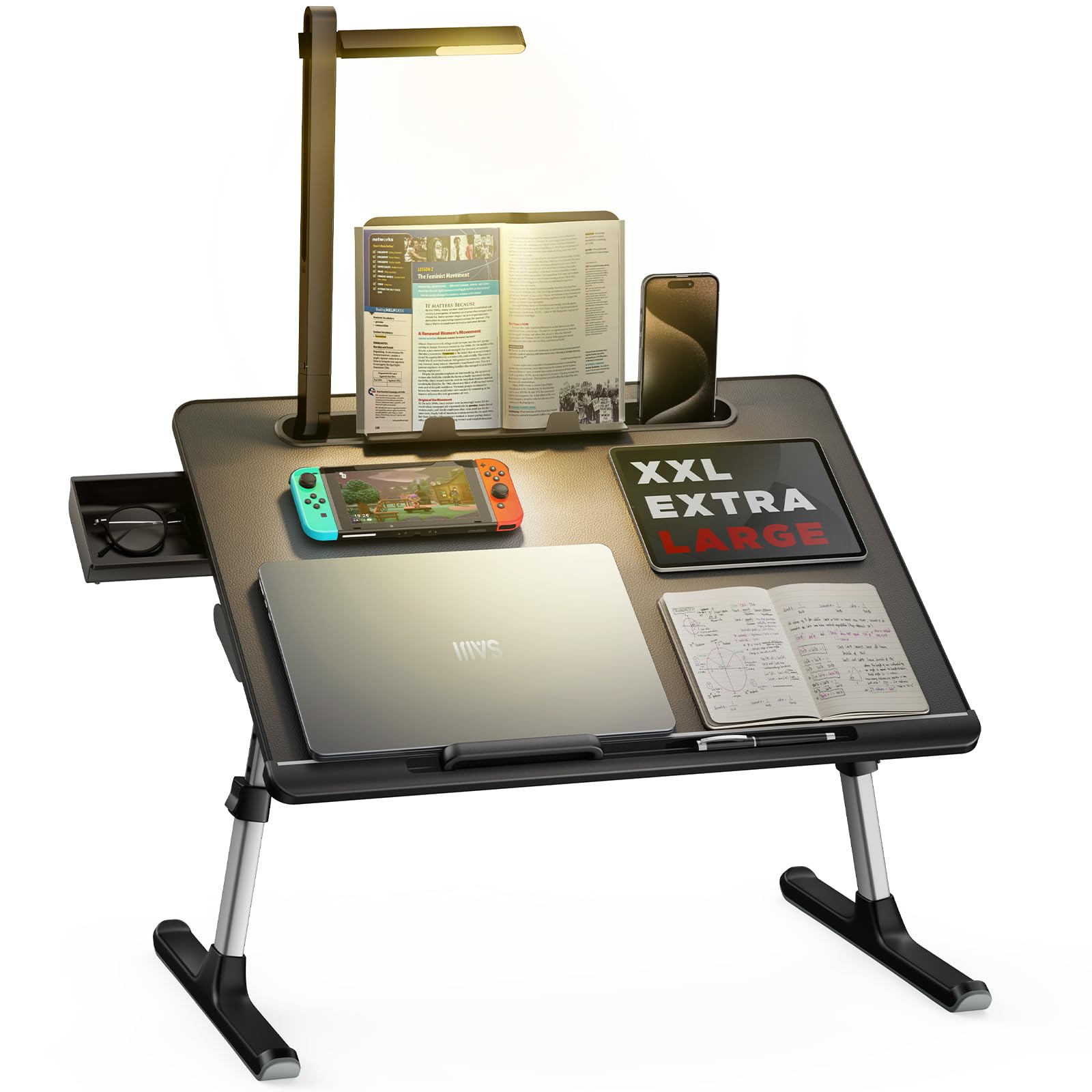 Laptop Bed Tray Desk With Led Desk Light, Saiji Adjustable Laptop Stand For Bed, Xx-Large Pvc Leather Foldable Laptop Table With