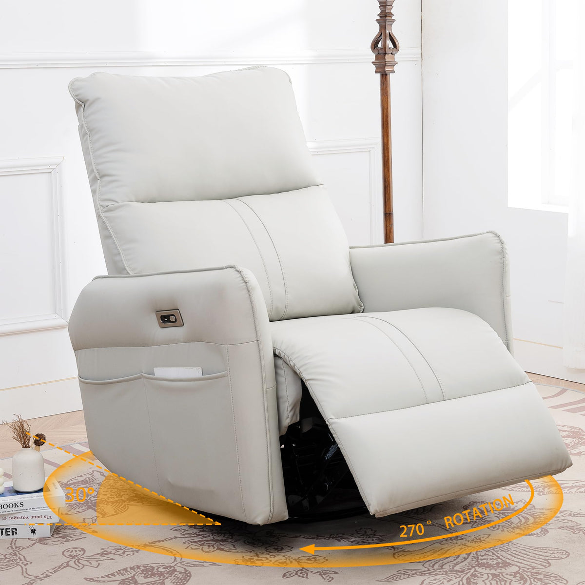 Qkff Power Swivel Rocker Recliner Chair For Nursery, Upholstered 270 Swivel Glider Rocker Chair With Usb Ports, Small Power Recl