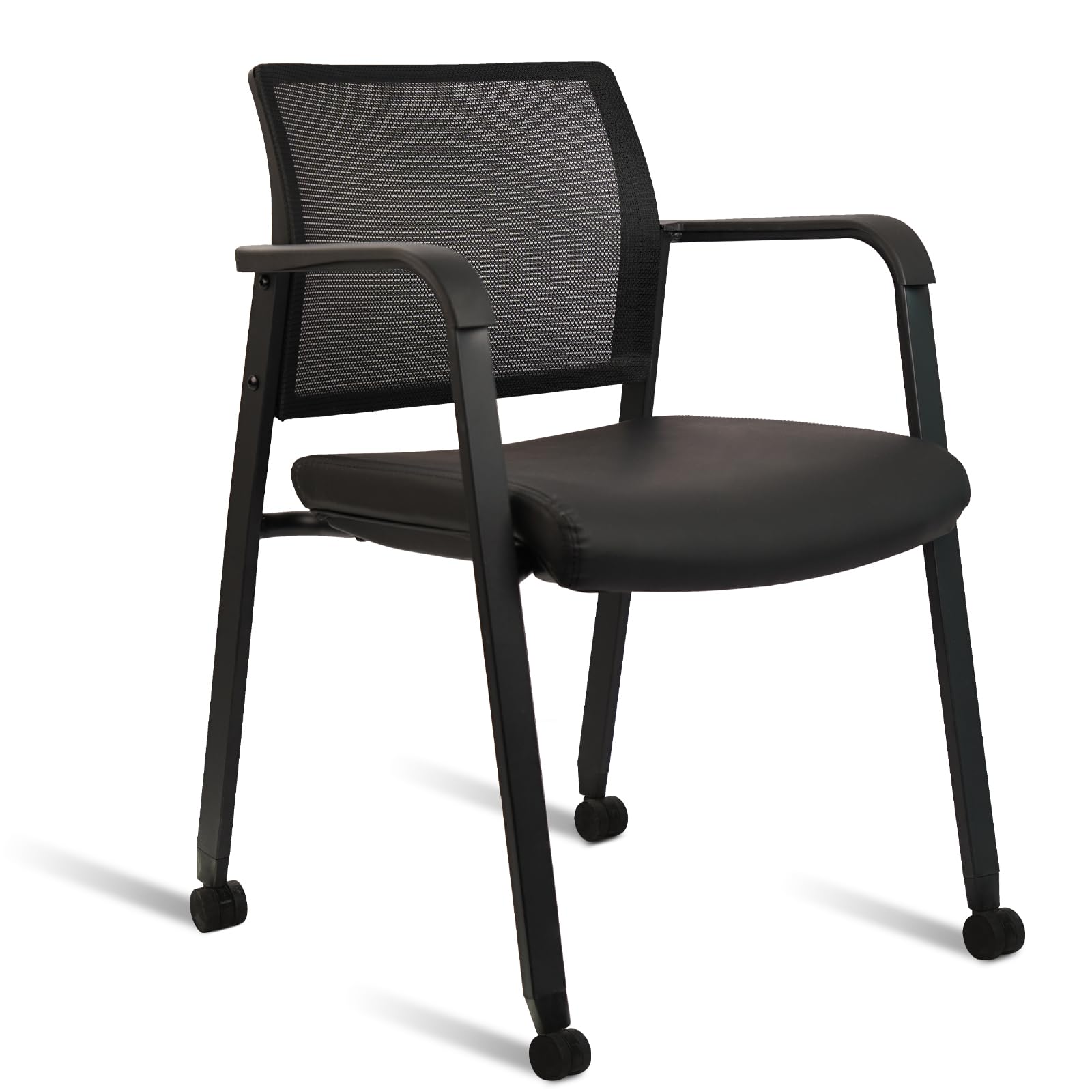 CLATINA Stacking Office Chair with Wheels, Mesh Back Waiting Room Guest Chairs with Arms Comfortable Leather Cushion Stackable D