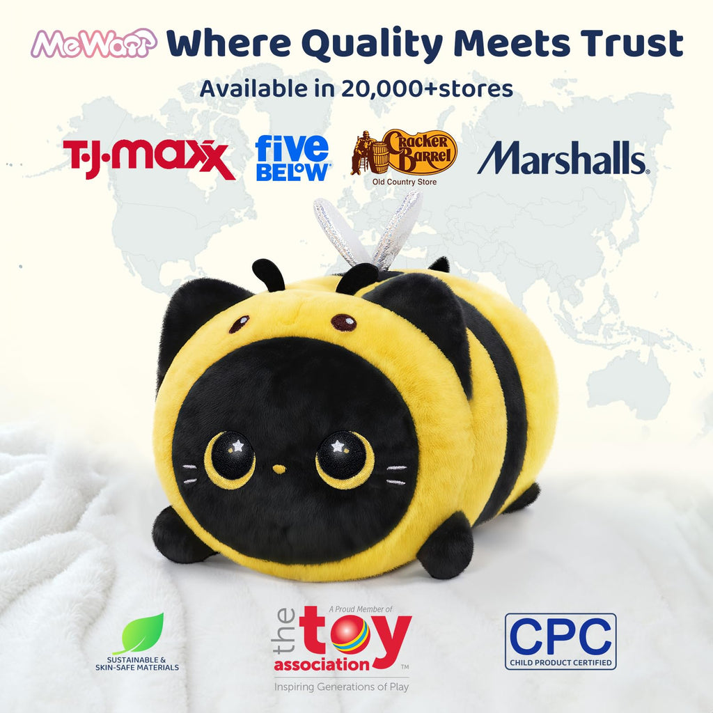 Mewaii Black Cat Bee Plush Pillow, Kawaii Plushies Bee Stuffed Toy, Soft Squishy Bee Gift for Girls & Kids, 8 Inch