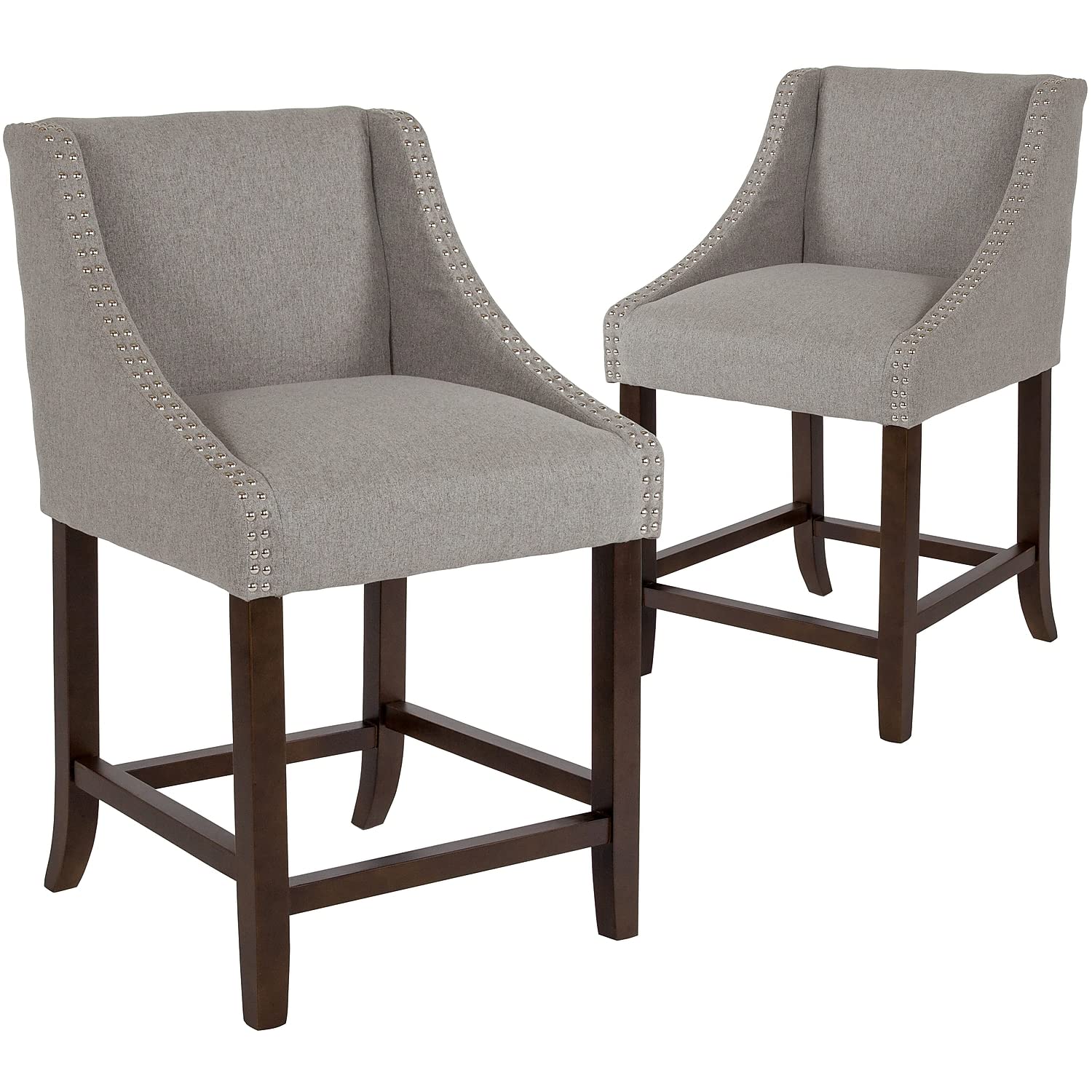 Flash Furniture Carmel Series 24' High Transitional Walnut Counter Height Stool With Nail Trim In Light Gray Fabric, Set Of 2