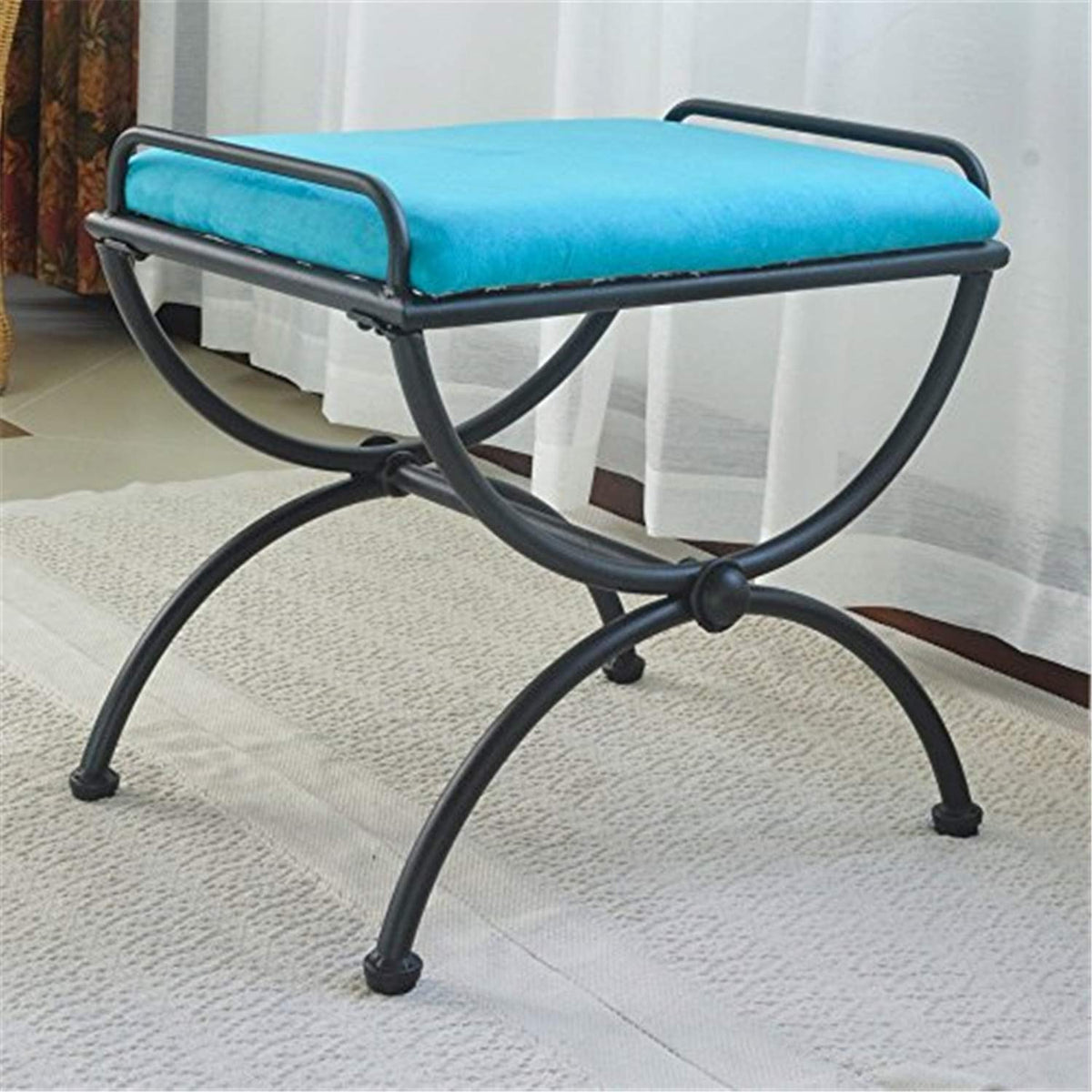 International Caravan Iron Vanity Stool with Microsuede Cushion, Aqua Blue