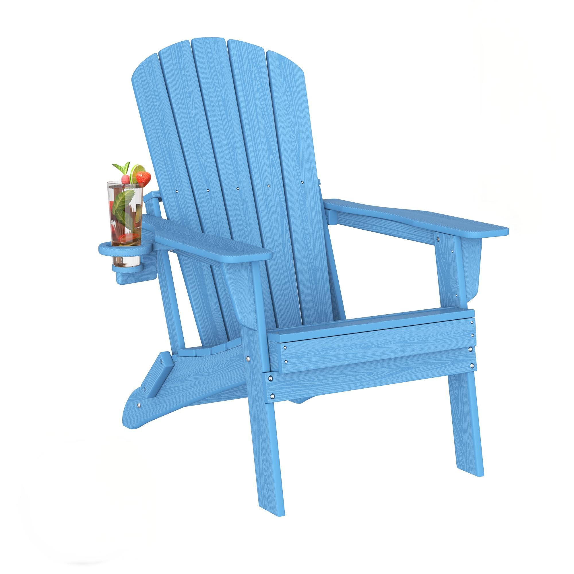 Plawdlik Folding Adirondack Chair with Cup Holder,SGS Tested,Heavy All-Weather,Wooden Textured,HDPE Outdoor Chairs for Patio Bac