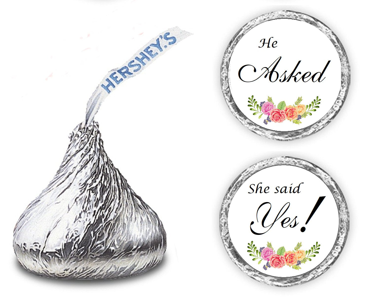 324 Floral Roses He Asked She Said Yes!, Kisses Wedding Stickers, Chocolate Drops Labels Stickers for Weddings, Bridal Shower En