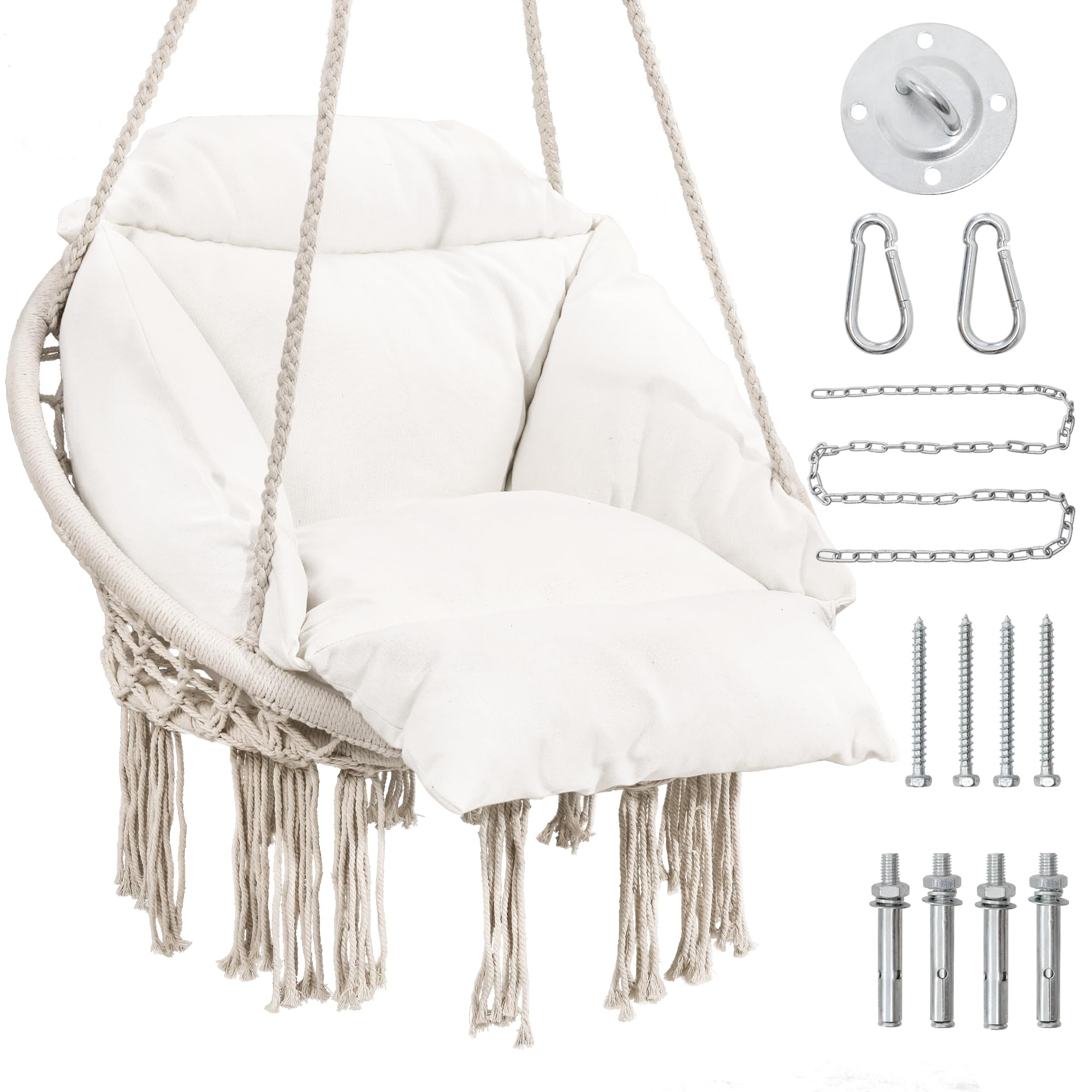 Krofem Macrame Hammock Hanging Swinging Chair With Oversized Cushion, Perfect For Bedroom, Porch, Kids, Adults, Balcony, Beige