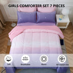 Dinjoy Girls Women Comforter Set King Size Ombre Pink Purple Rainbow Bedding Set 7 Pieces Bed In A Bag For Teen Adult (1 Comfort