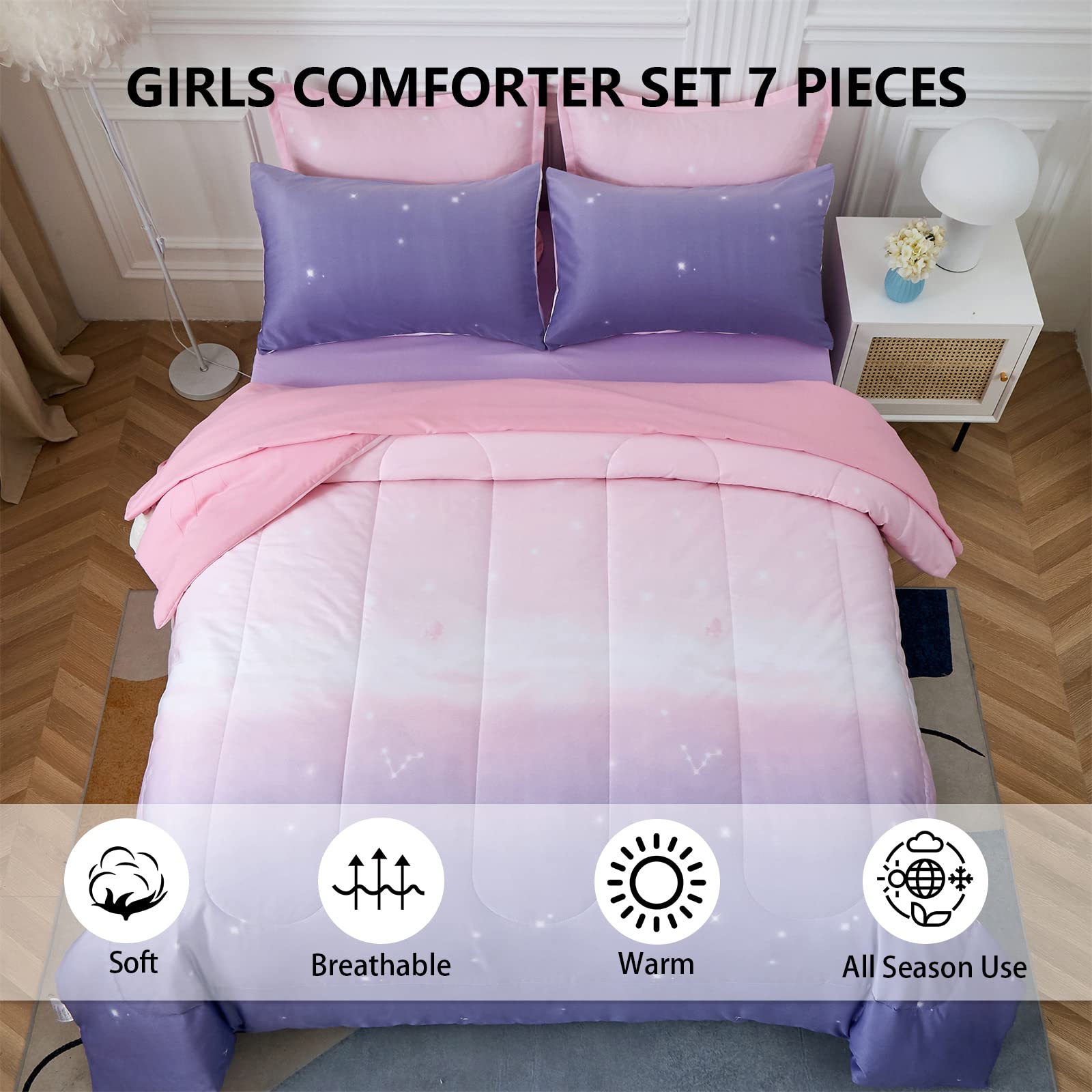 Dinjoy Girls Women Comforter Set King Size Ombre Pink Purple Rainbow Bedding Set 7 Pieces Bed In A Bag For Teen Adult (1 Comfort
