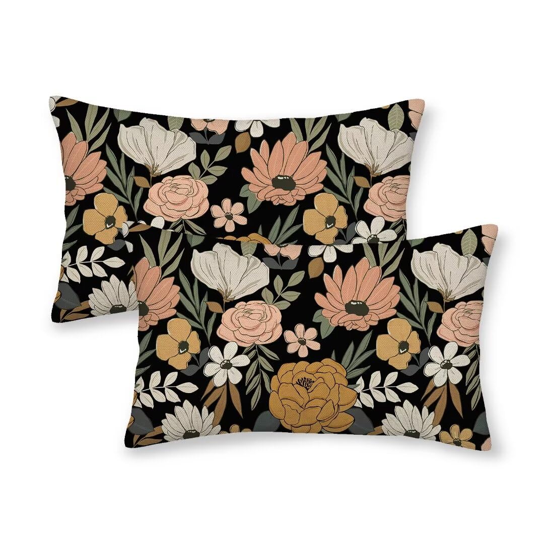 Betginy Spring Floral Throw Pillow Covers 12X20 Set Of 2, Black Floral Decorative Outdoor Pillow Covers Rustic Modern Watercolor