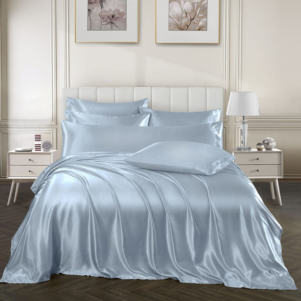 Ersmak 7 Pieces Satin Sheets Set King Size, Luxury Silky Light Blue Satin Bed Sheets Set With 1 Deep Pocket Fitted Sheet, 1 Soft