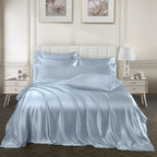 Ersmak 7 Pieces Satin Sheets Set King Size, Luxury Silky Light Blue Satin Bed Sheets Set With 1 Deep Pocket Fitted Sheet, 1 Soft