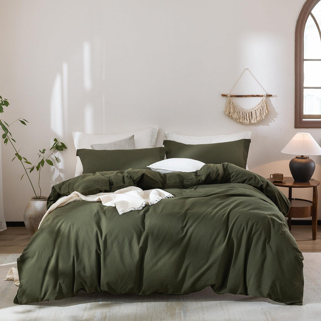 Warm Moment Olive Green Duvet Cover King Size, 100% Washed Cotton Bedding Set Cover 1 Duvet Cover 104Inch X 90Inch With Zipper C
