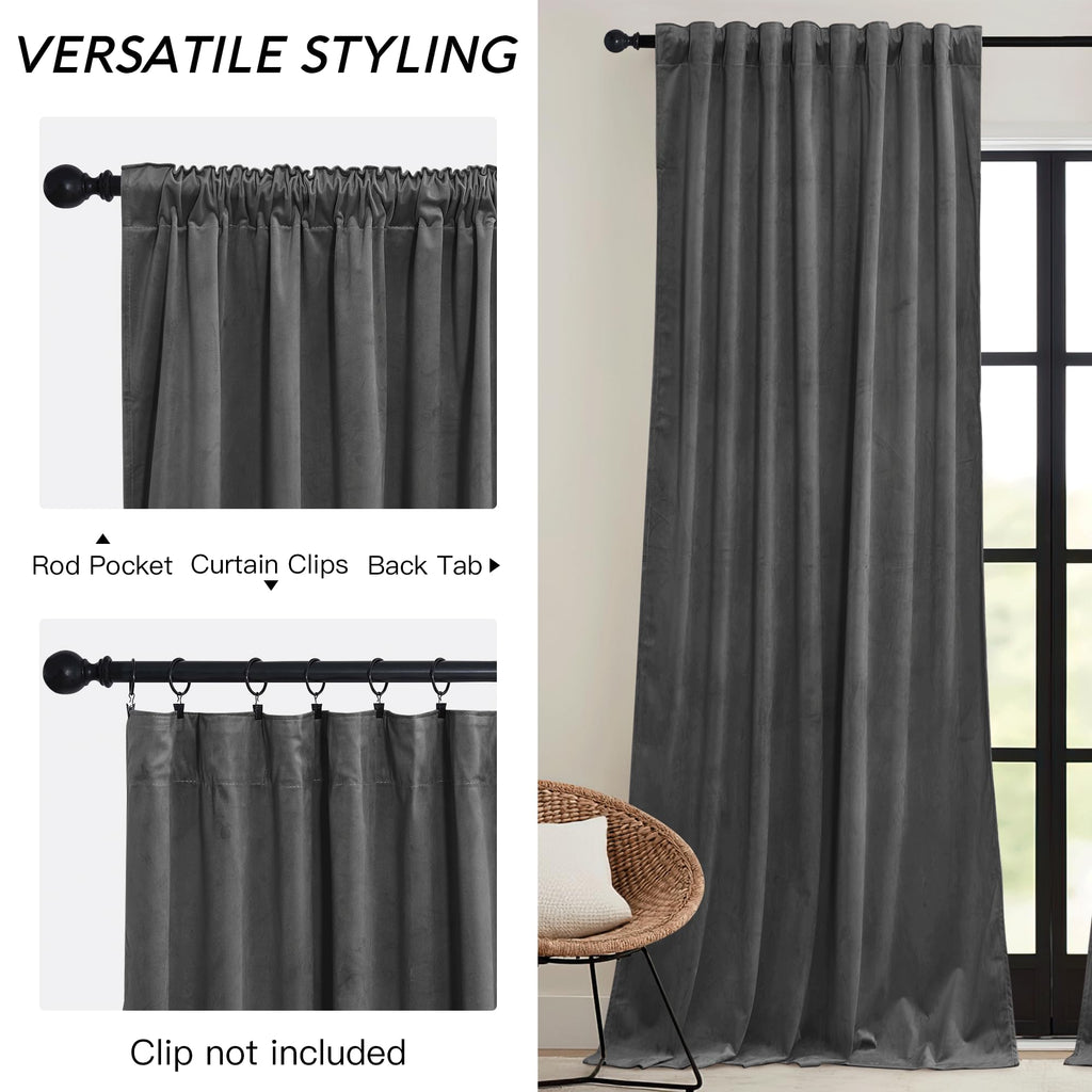 Ryb Home Velvet Blackout Curtains For Bedroom - Super Soft Room Darkening Curtains Thermal Insulated Drapes Heat Block Window Panels For Living Room, Wide 52 X Long 96, Grey, 2 Panels