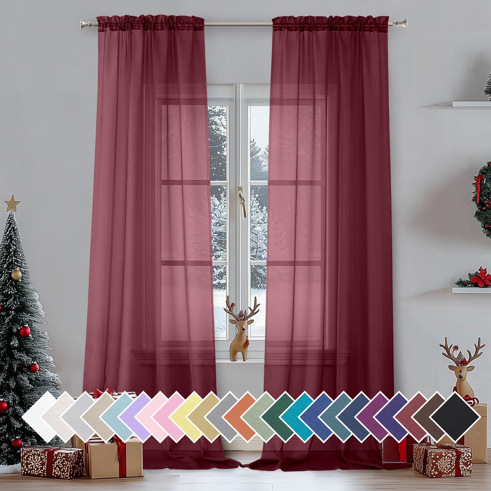 Aiyufeng 108 Inch Red Sheer Window Curtains for Farmhouse, Rod Pocket Voile Window Treatment Vertical Panels for Study Room/Bedr