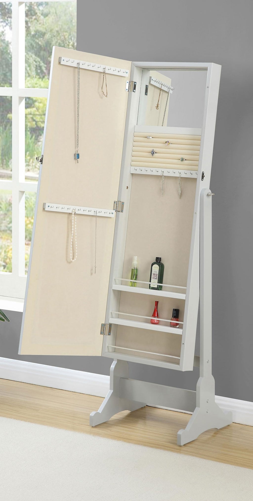 Coaster Home Furnishings Yvonne Contemporary Rectangular Cheval Mirror with Jewelry Storage Adjustable Bedroom Mirror Jewelry Armoire Dove Grey 901866