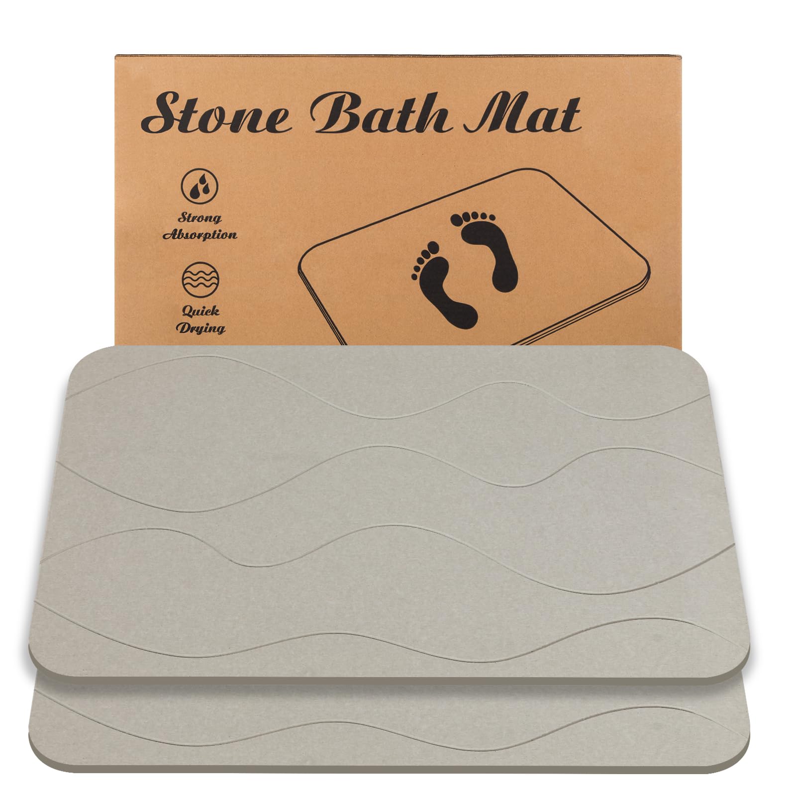 Stone Bath Mat, Diatomaceous Earth Shower Mat, Non-Slip Super Absorbent Quick Drying Bathroom Floor Mat, 2 Pack, Grey White