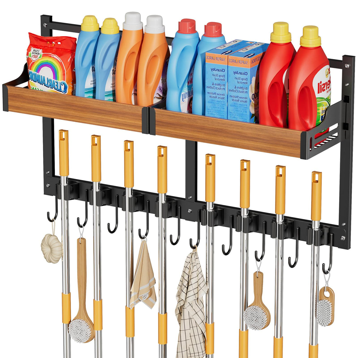 Freexployer Broom and Mop Organizer Wall Hanging, Broom Holder Wall Mount with Cleaning Supplies Organizer, Broom Hanger Wall Mo
