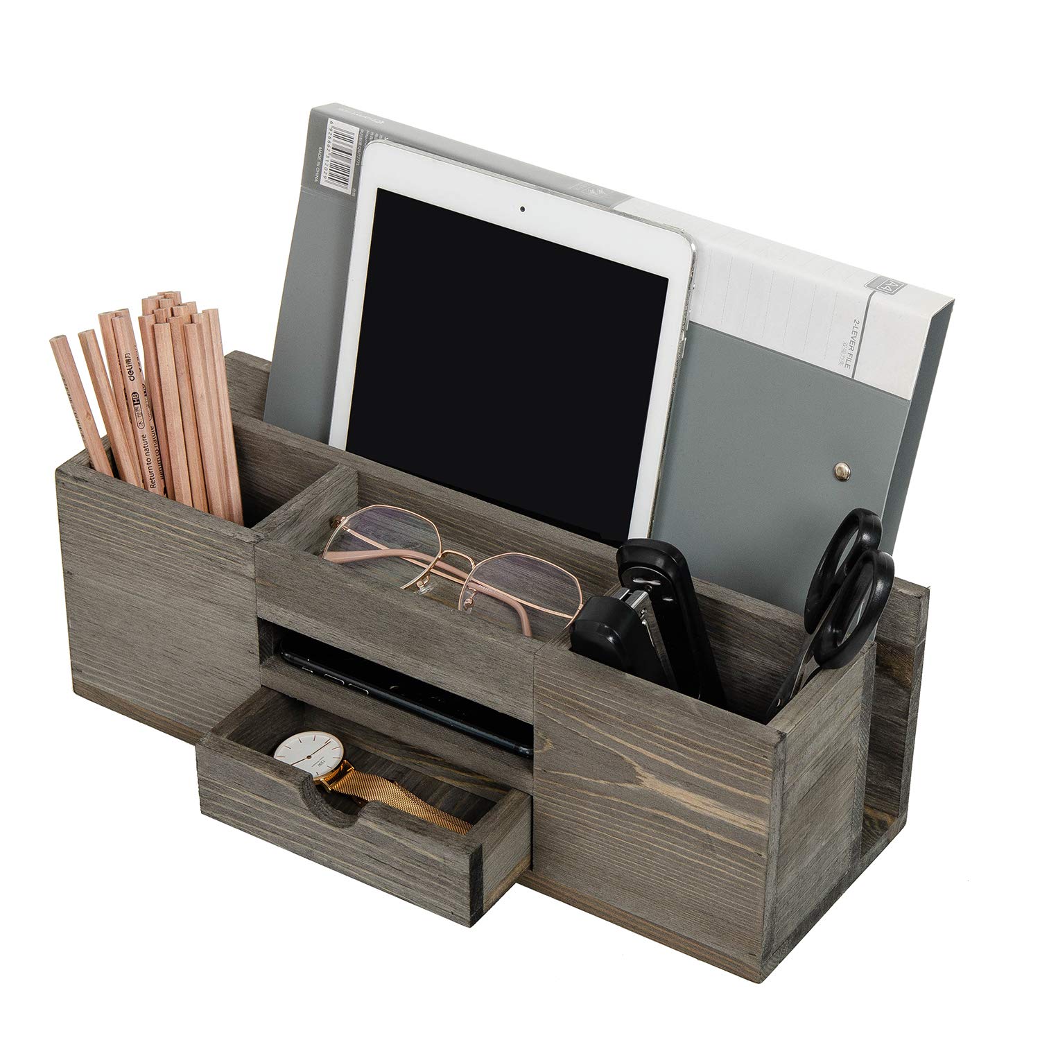 Liry Products Brown Wooden Desktop Organizer Multiple Compartments Rack Shelf Drawer Tabletop Wood Storage Cabinet Office Suppli