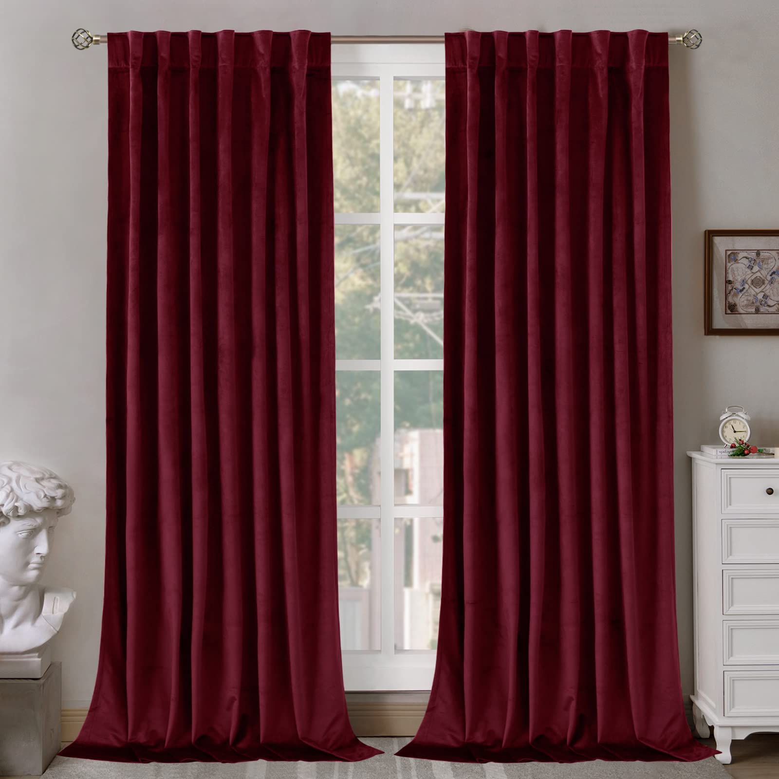 Bgment Red Velvet Curtains 102 Inches Long For Living Room, Thermal Insulated Room Darkening Curtains Drapes Window Treatment Wi