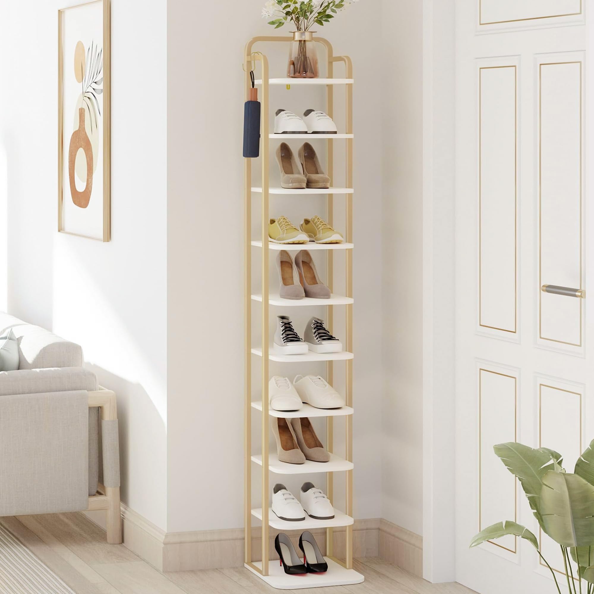 Hzuaneri Vertical Shoe Rack, Shoe Shelves, Wood Shoe Organizer For Closet, Entryway, Shoes Tower For Small Spaces, Free Standing, Adjustable, With 2 Hooks, 10 Tier White Gold Sr11213A