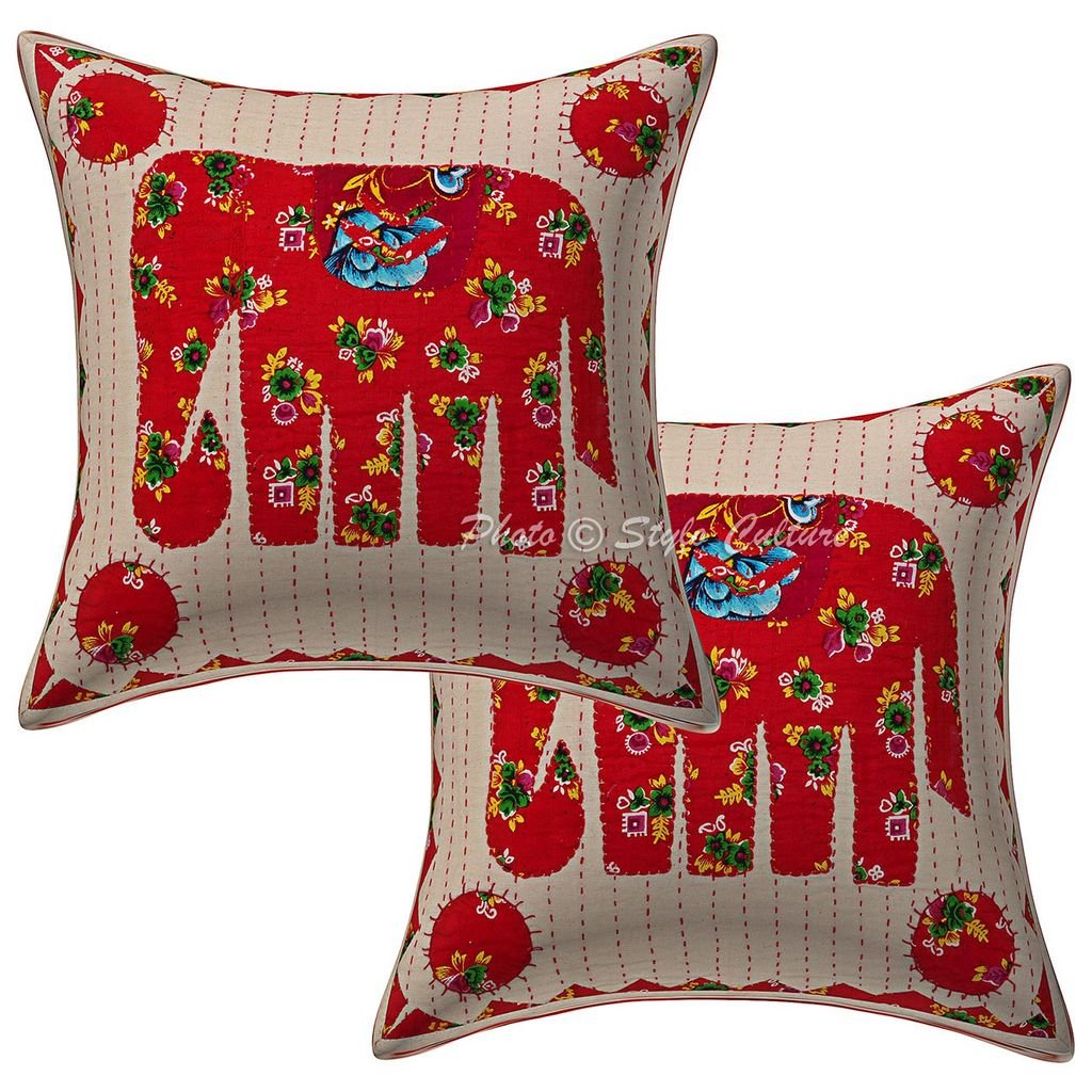 Stylo Culture Decorative Cotton Cushion Covers 16 Inch X 16 Inch Applique Patchwork Red Living Room Decor Elephant Rajasthani Sq