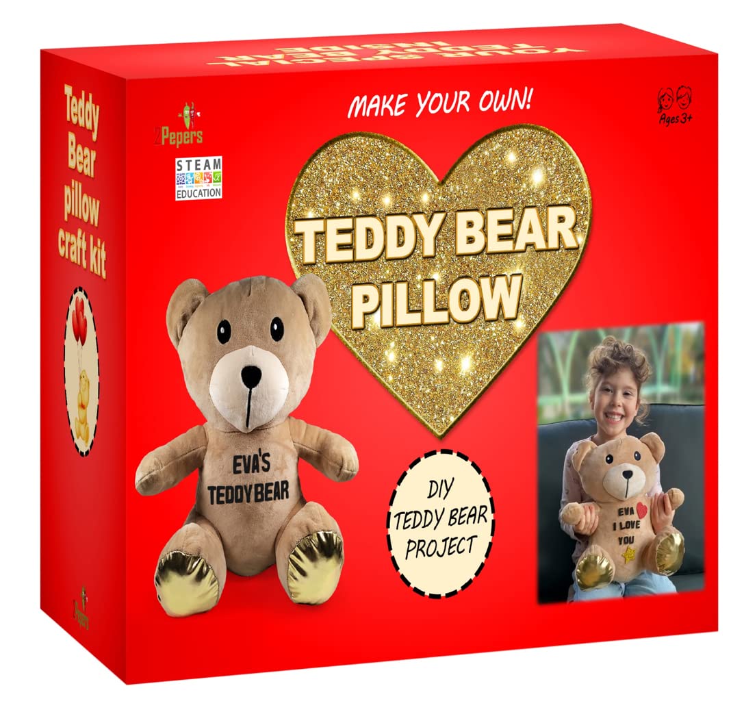 2Pepers Make Your Own Teddy Bear Plush Pillow Kit Arts And Crafts For Girls (No Sew), Teddy Bear Craft Kit For Girls Ages 3-5 4-