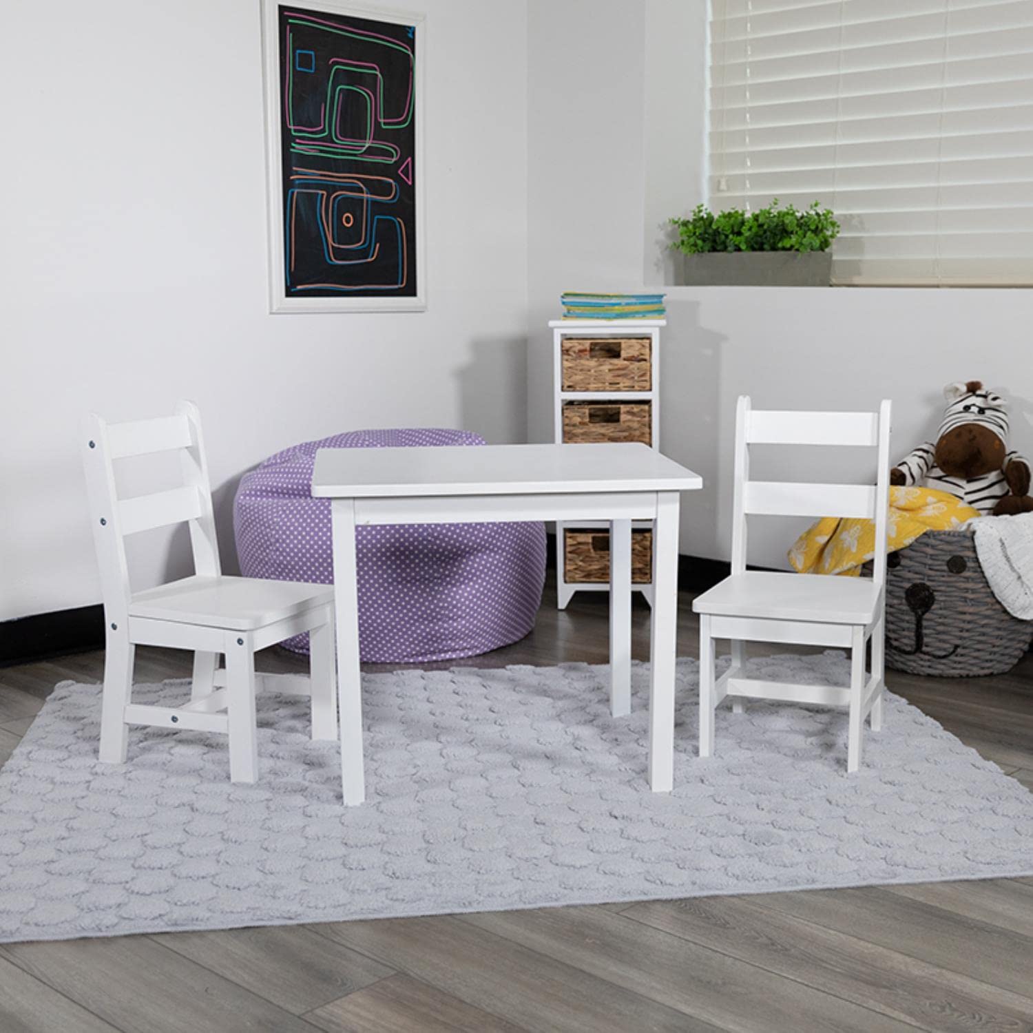 Flash Furniture Kyndl Kids Solid Hardwood Table and Chair Set for Playroom, Bedroom, Kitchen - 3 Piece Set - White