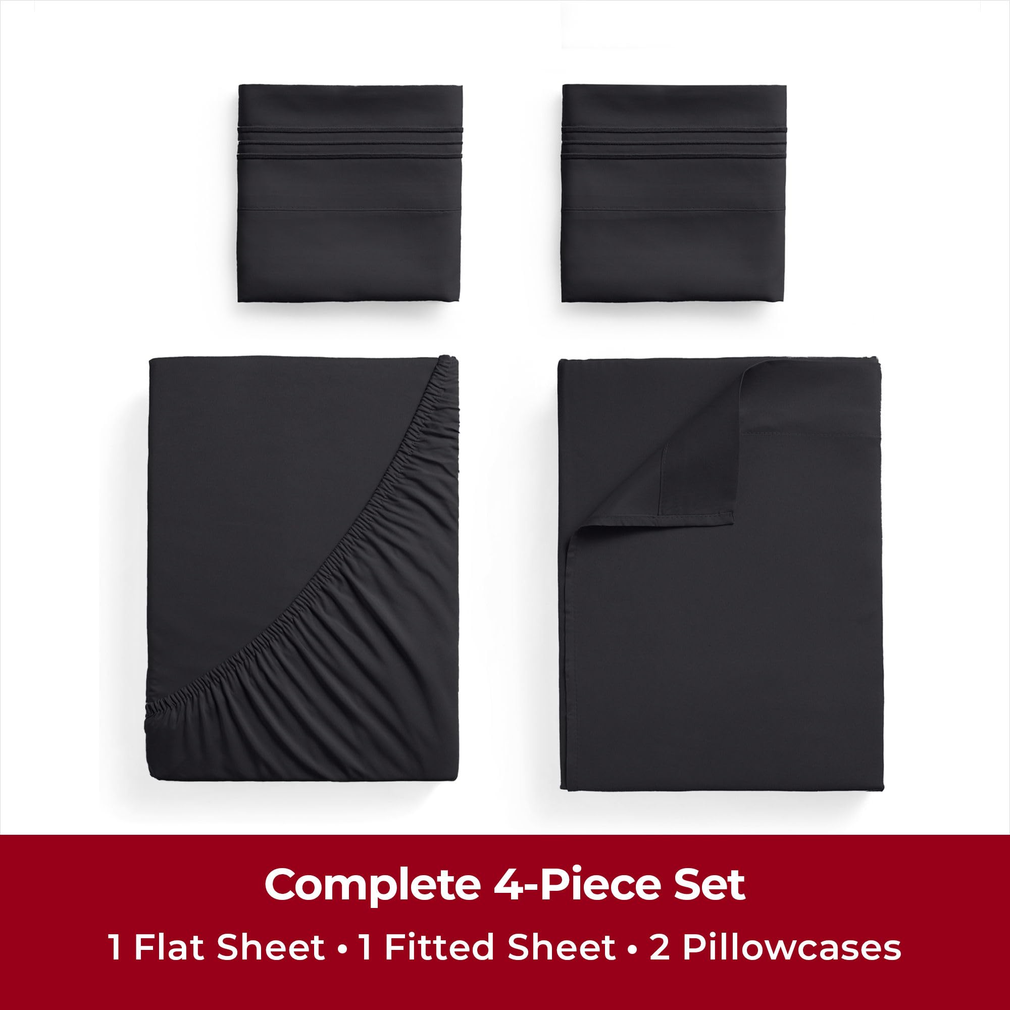 Mellanni King Sheets Set - 4 PC Iconic Collection Bedding - Hotel Luxury, Extra Soft, Cooling Bed Sheets - Wrinkle, Fade, Stain Resistant (King, Black) - Thumbnail 2