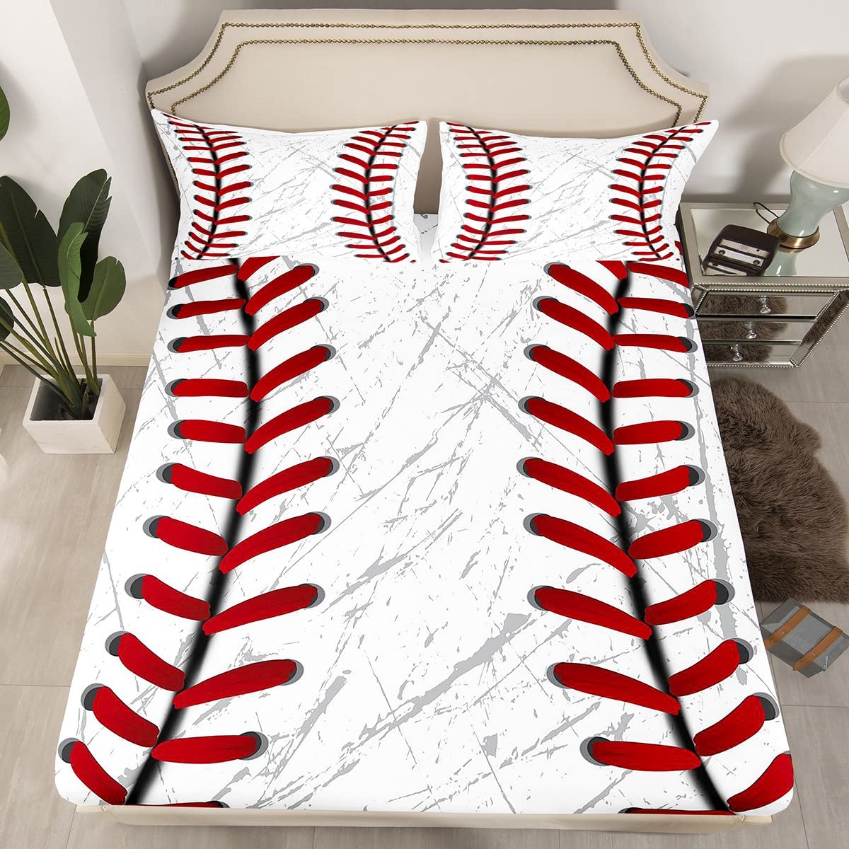 Erosebridal Baseball Bed Sheets For Boys,Red White Baseball Sheet Set For Kids,Grunge Ball Print Bedding Set,Sports Game Fitted