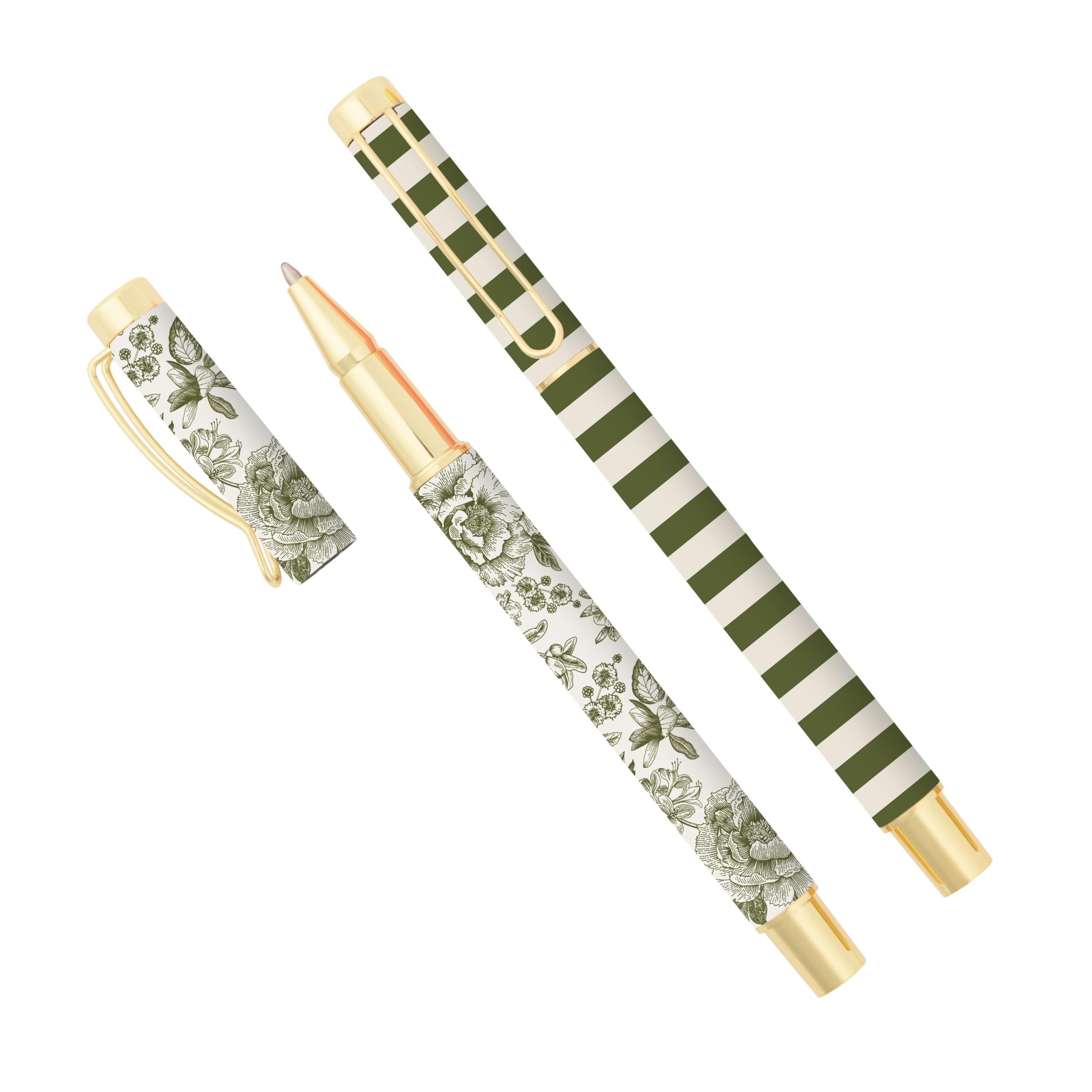 Sweet Water Decor Elegant Green Metal Pen Set, Refillable Black Ink Ballpoint Pens for Home, Office & School, Chic Desk Accessor