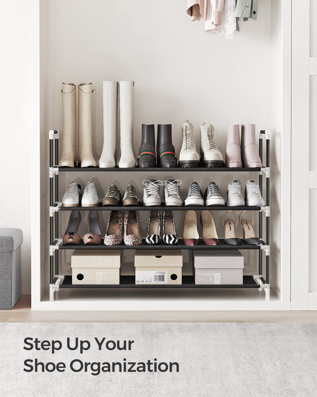 Songmics 4-Tier Shoe Rack, Shoe Storage For Hallway Closet, Slim And Space-Saving, Metal Frame, Non-Woven Fabric Shelves, Black Ulsh054B01