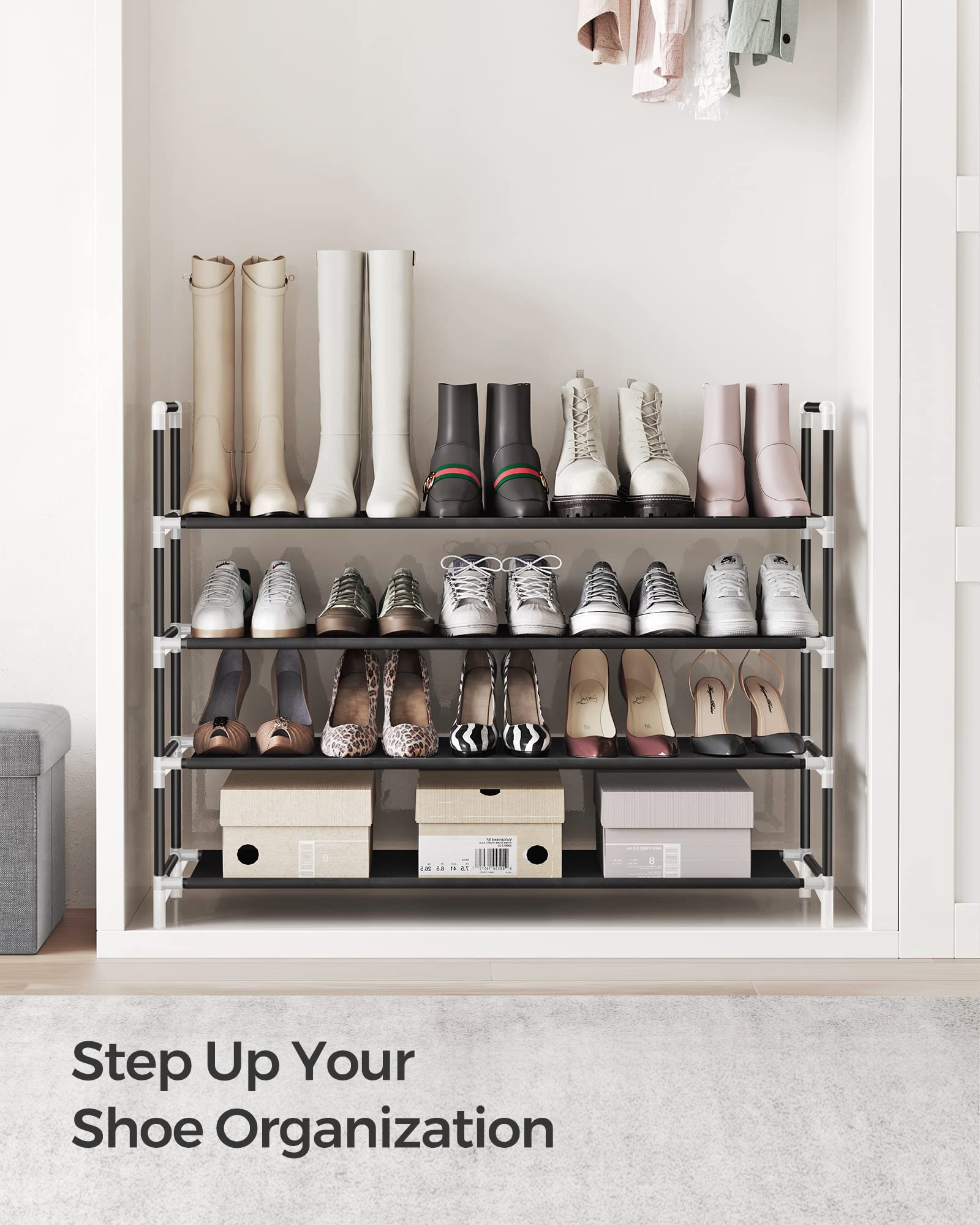 Songmics 4-Tier Shoe Rack, Shoe Storage For Hallway Closet, Slim And Space-Saving, Metal Frame, Non-Woven Fabric Shelves, Black Ulsh054B01