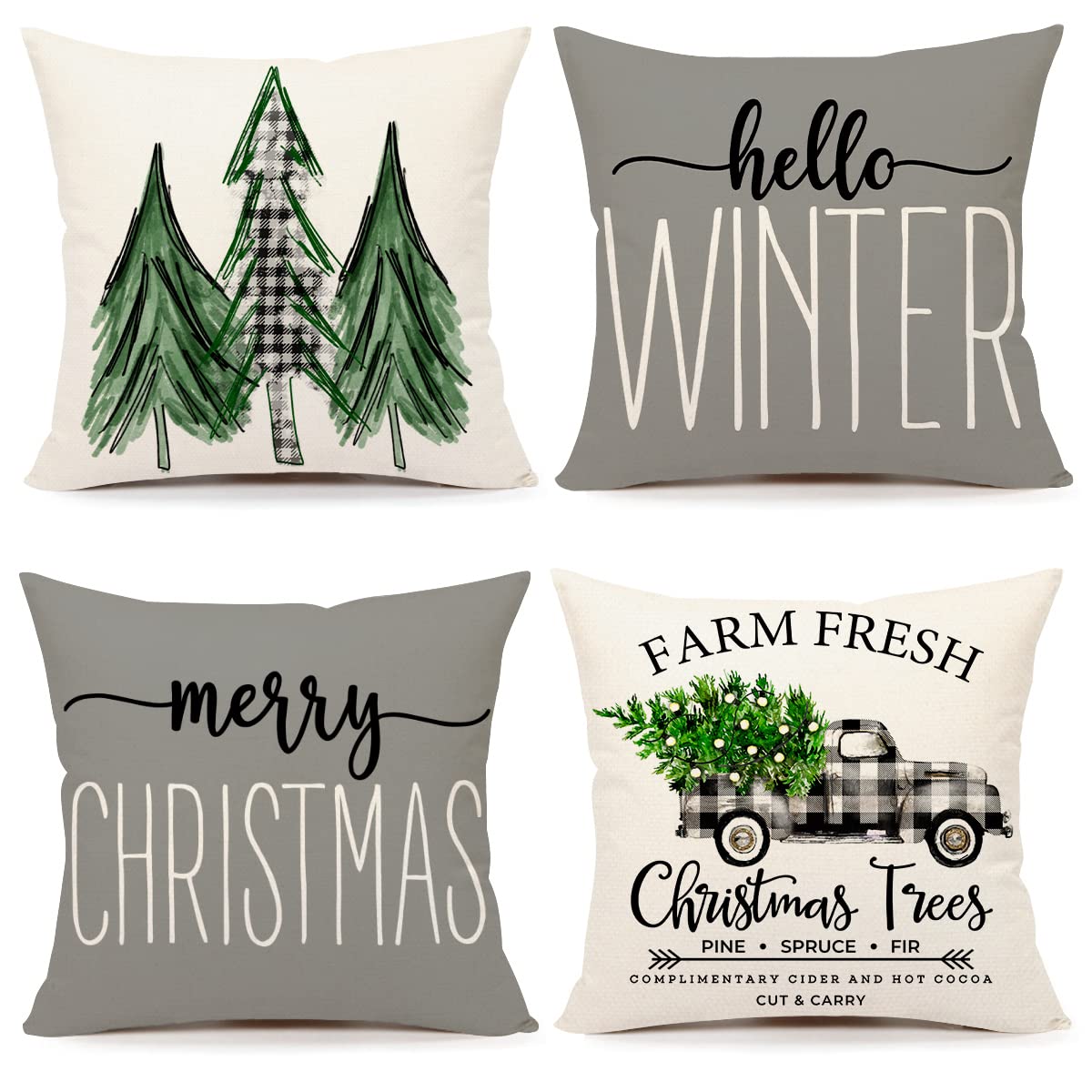 4Th Emotion Gray Christmas Pillow Covers 16X16 Set Of 4 Farmhouse Christmas Decorations Merry Christmas Tree Truck Hello Winter