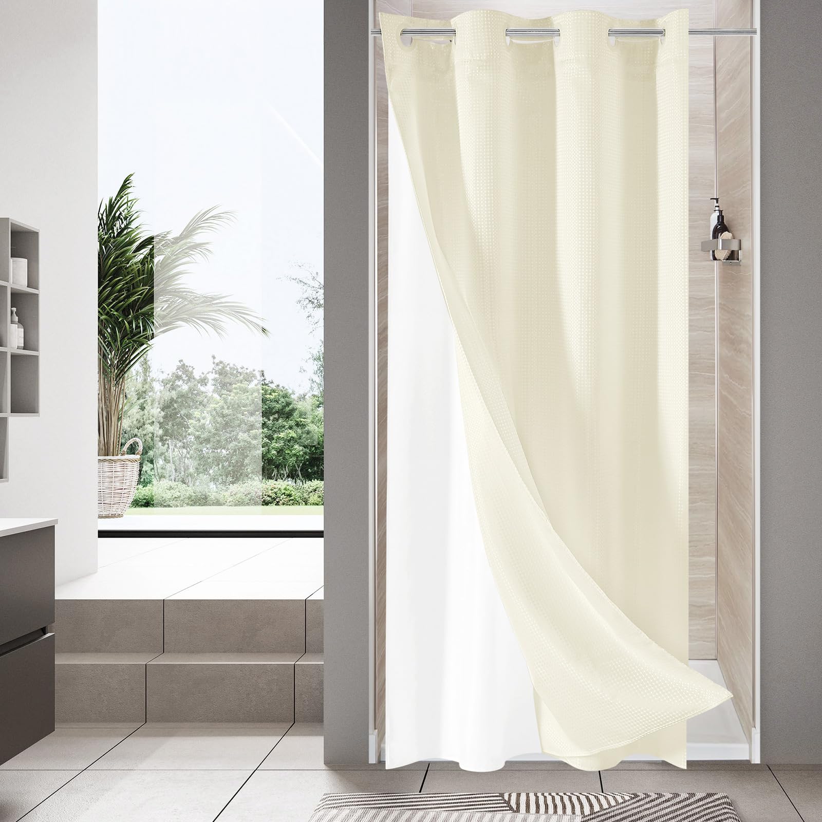 MitoVilla Ivory Waffle Small Stall Shower Curtain 36 x 74, No Hooks Required Half Size Narrow Fabric Cloth Shower Curtain Set wi