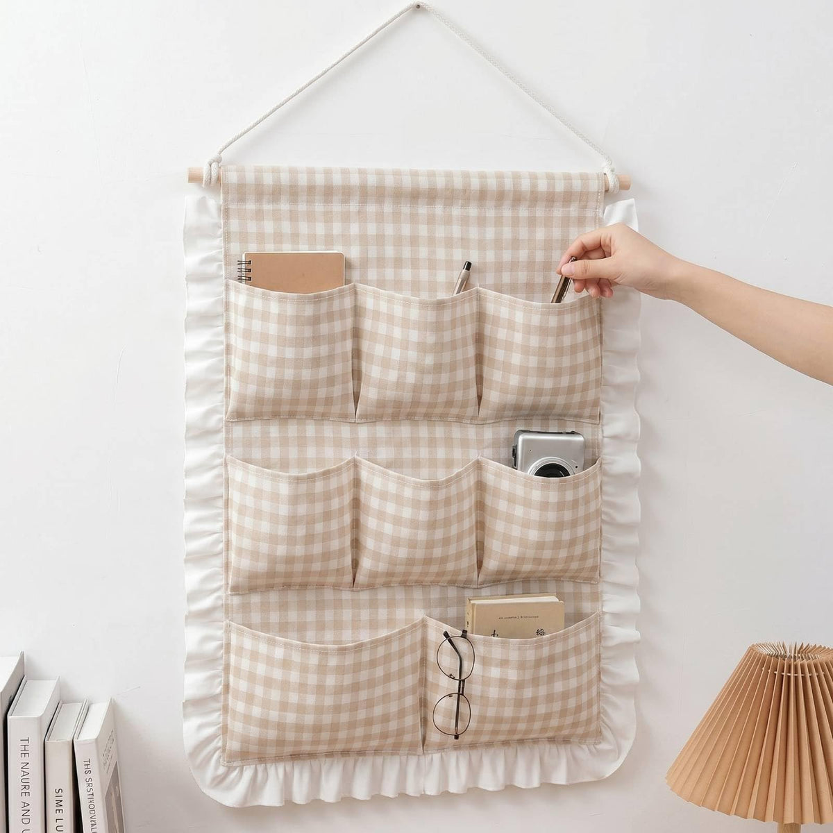 Amyhill Gingham Wall Hanging Organizer with Pocket Ruffled, Beige