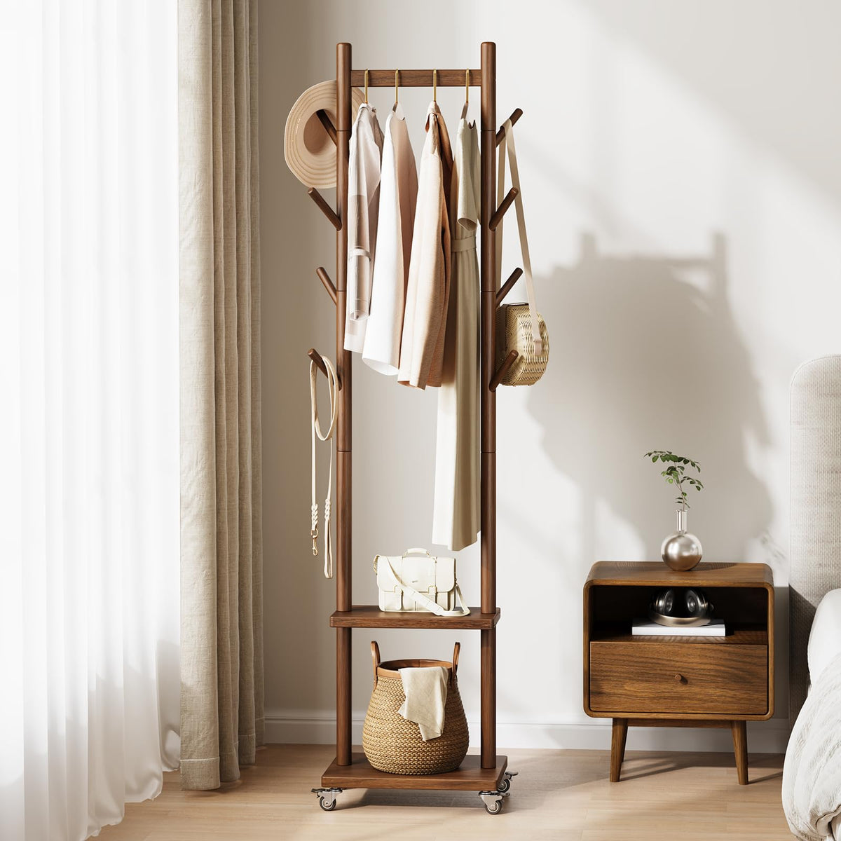 Yoobure Solid Wood Coat Rack Freestanding  Rolling Clothes Rack with 8 Hooks & Shelves, Small Clothing Rack with Wheels, Heavy 