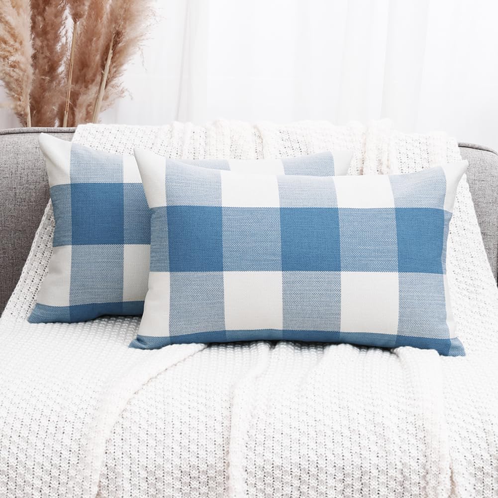 CARRIE HOME Light Blue and White Buffalo Check Plaid Lumbar Pillow Covers 12x20 Set of 2, Light Blue Checkered Summer Outdoor Lu