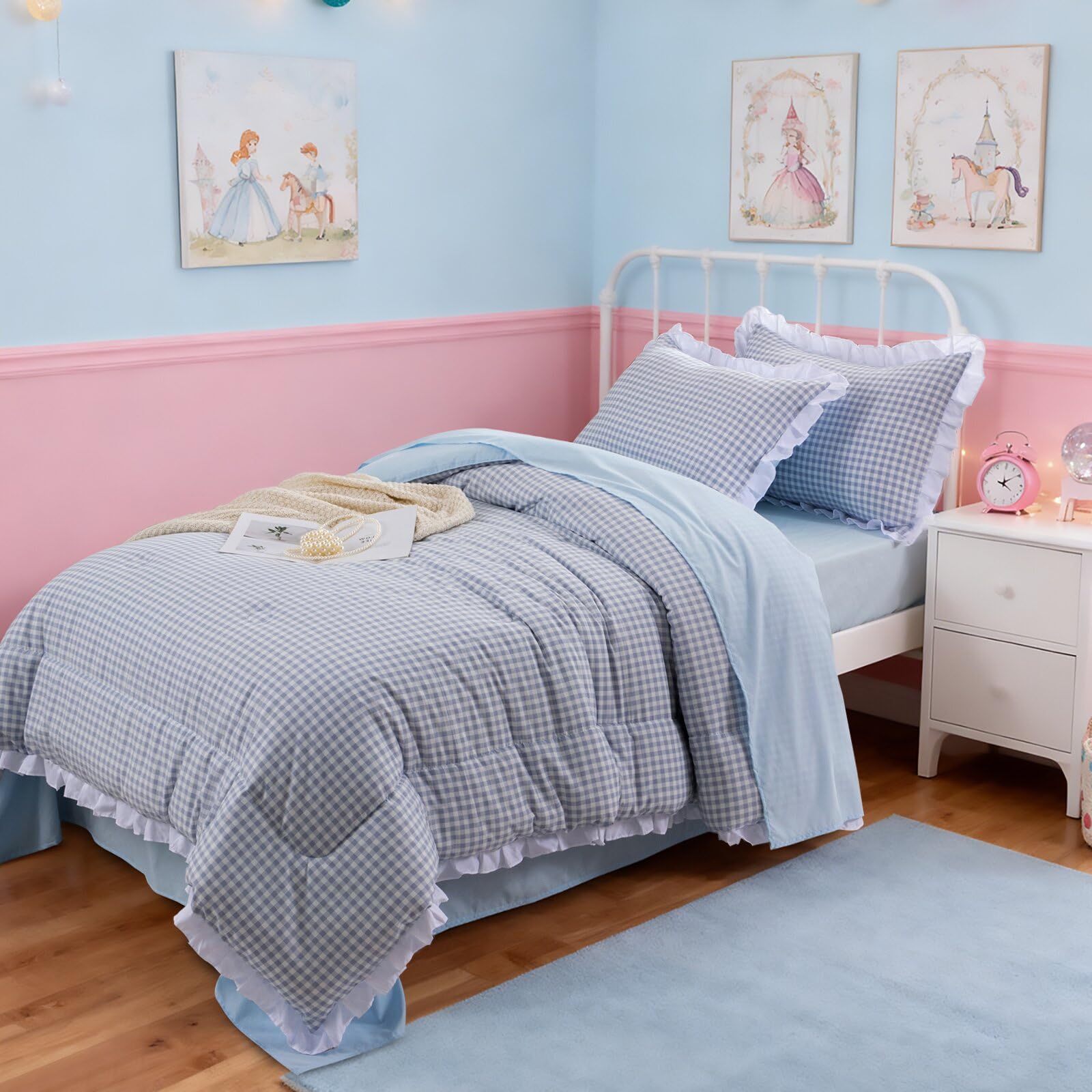 A Nice Night Comforter Twin Size,Blue Ruffle Comforter For Dorm Room Essentials For Twin Bed,Plaid Checkered Chic Bedding Bed In