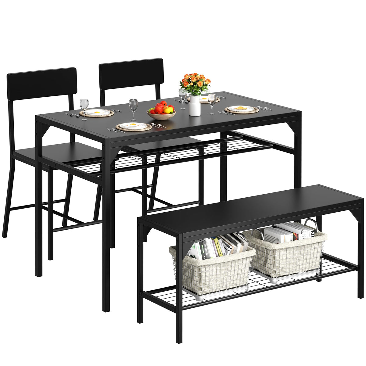 Shintenchi Kitchen Table Chairs Set Of 4, Dining Table Set For 4 With Bench And Chairs, 4 Pieces Kitchen Table Set With Storage