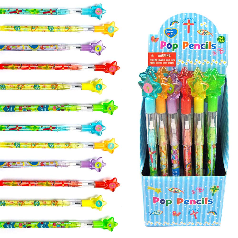 Tiny Mills 24 Pcs Christian Religious Multi Point Pencils Jesus Loves You Multi Point Stackable Pencil With Eraser For Sunday Sc