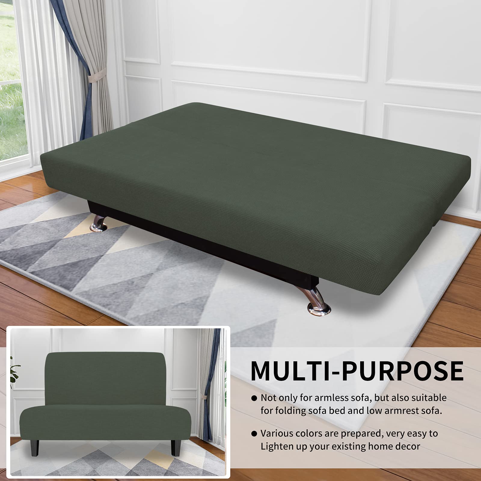 Easy-Going Stretch Futon Slipcover Armless Futon Bed Cover Furniture Protector Without Armrests With Elastic Bottom For Kids, Soft Jacquard Fabric Small Checks (Medium, Olive Green)