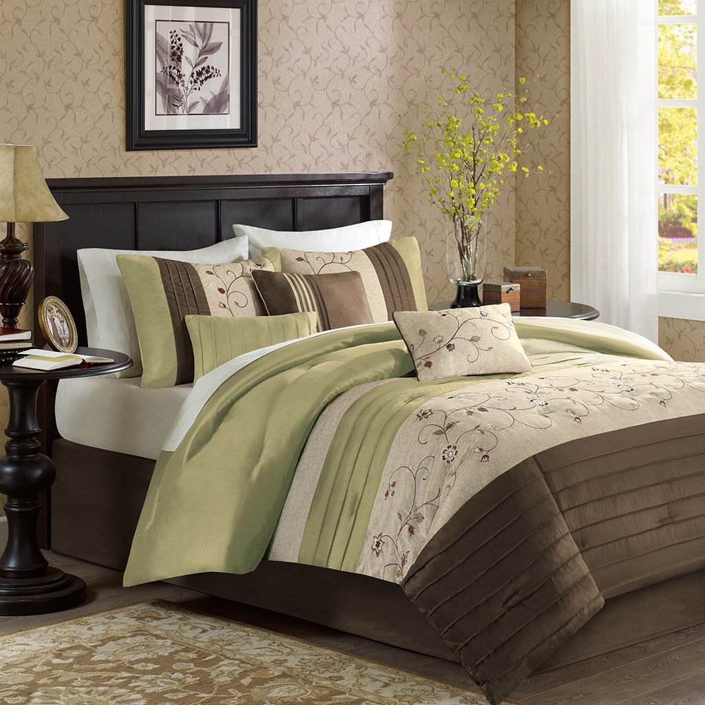 Madison Park Serene Faux Silk Comforter Set - Floral Embroidery Design, All Season Bedding Set, Matching Bed Skirt, Decorative Pillows, Green Queen(90'X90') 7 Piece