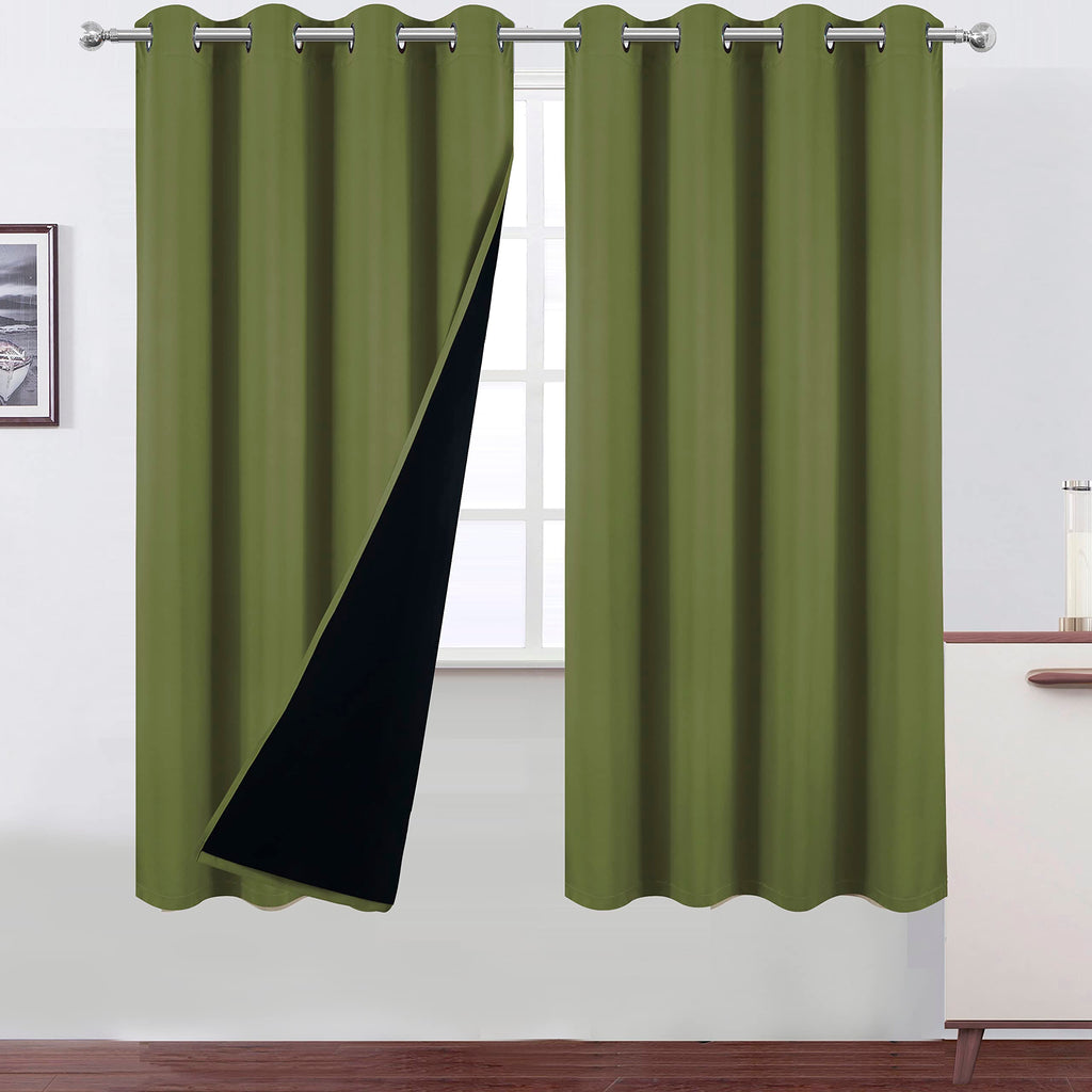 LEMOMO 100% Blackout Curtains 52 x 72 Inch/Olive Green Curtains 2 Panels with Black Lining Room Darkening Thermal Insulated Bedr