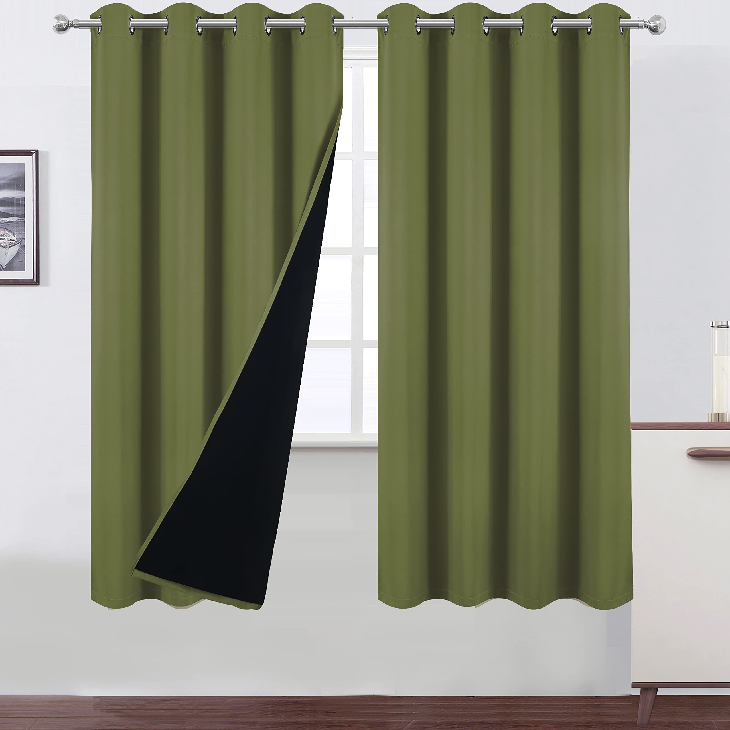 LEMOMO 100% Blackout Curtains 52 x 72 Inch/Olive Green Curtains 2 Panels with Black Lining Room Darkening Thermal Insulated Bedr