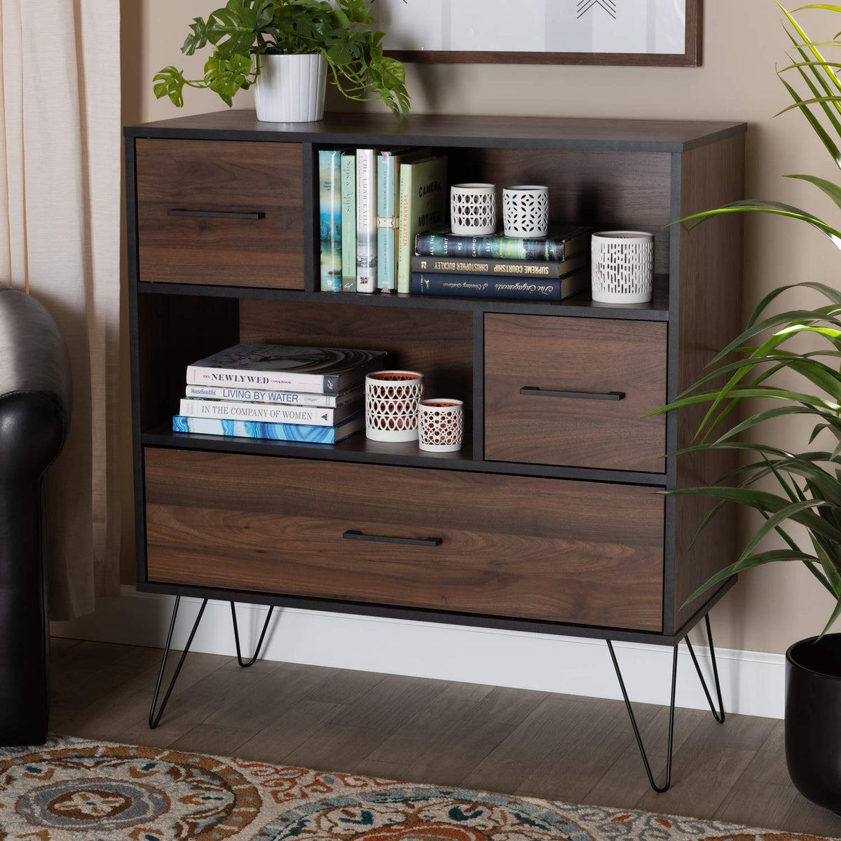 Wholesale Interiors Baxton Studio Charis Two-Tone Walnut And Black Finished Wood 1-Drawer Bookcase