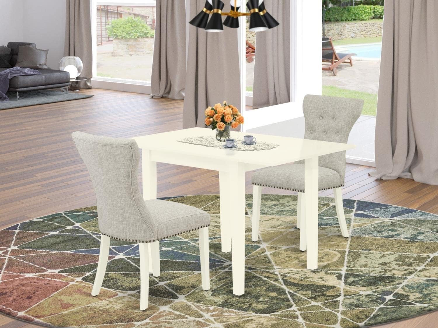 East West Furniture Ndga3-Lwh-35 3 Piece Dinette Set For Small Spaces Contains A Rectangle Dining Table With Dropleaf And 2 Doeskin Linen Fabric Upholstered Chairs, 30X48 Inch, Linen White