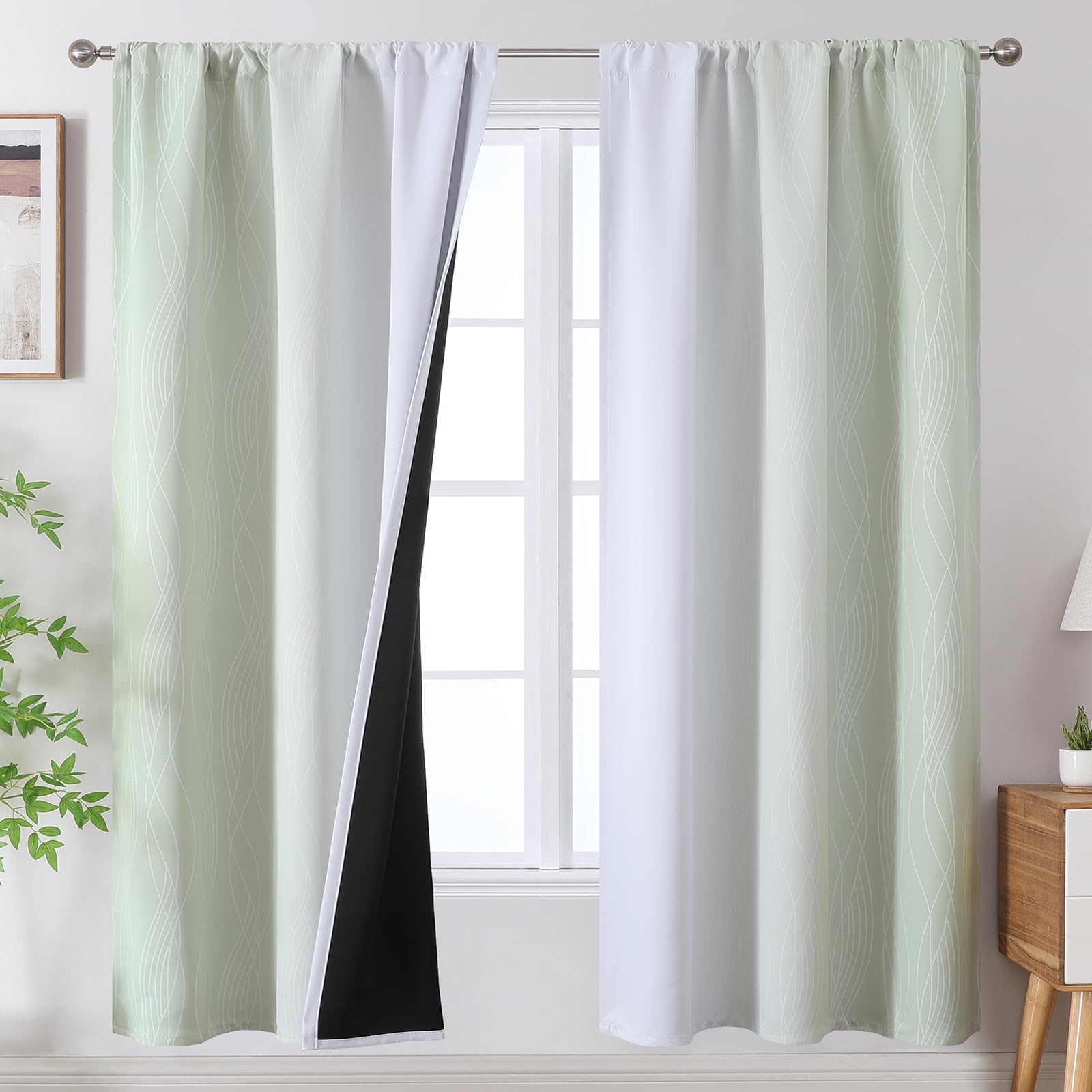 Estelar Textiler Sage Green And Greyish White Ombre Blackout Curtains 72 Inch Length 2 Panels, Full Room Darkening Rod Pocket Cu