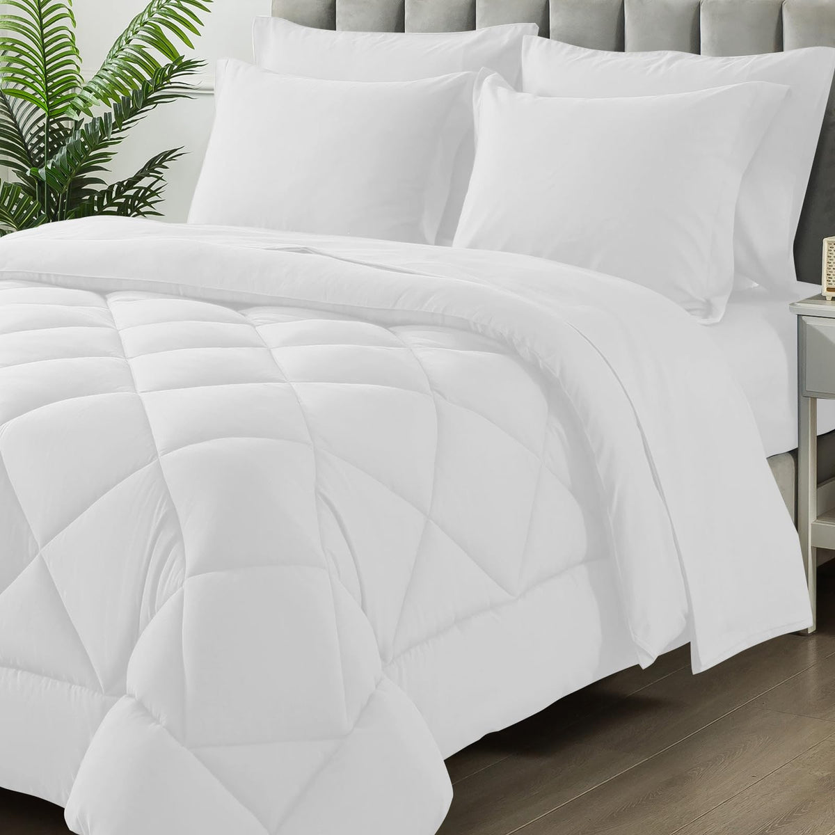 Samebed Queen Size Comforter Set, 7 Pieces Bed In A Bag, Bedding Sets With All Season Soft Quilted Lightweight Comforter, Flat S