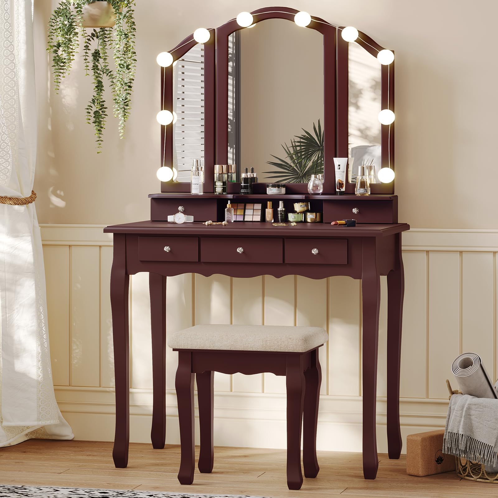 Tiptiper Vanity Desk, Makeup Vanity with Lighted Tri-Folding Mirror & Stool, Vanity Table Set with 10 LED Light Bulbs & 3 Color 